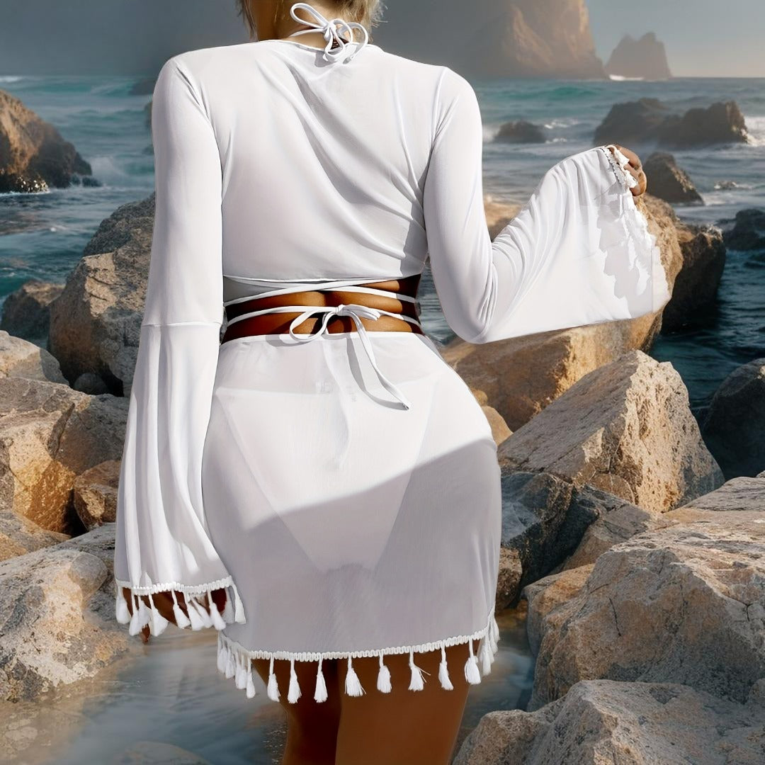 Ocean Pearl – Maillot de bain 4 pièces chic : haut triangle, bas échancré, jupe & surchemise