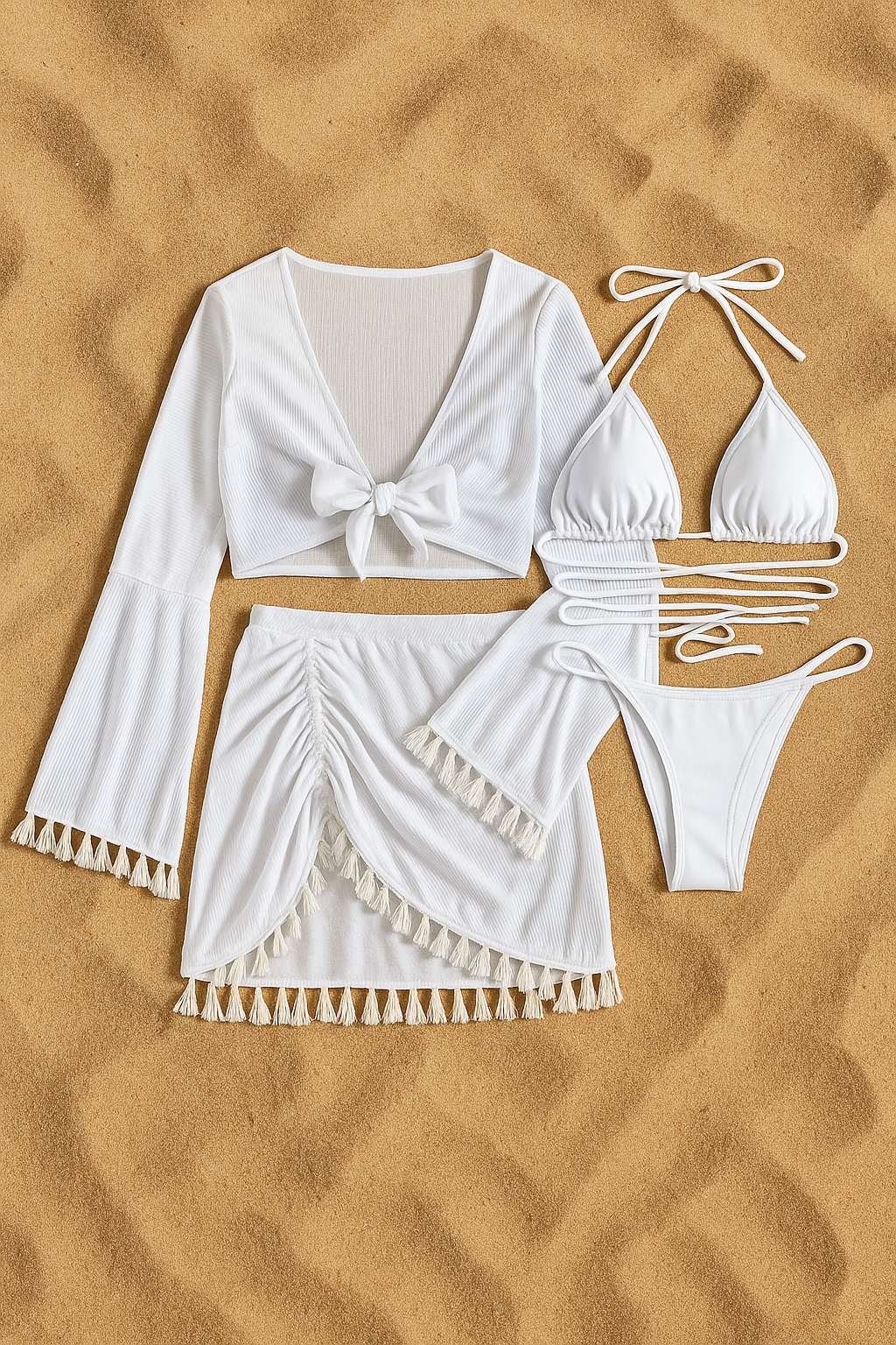 Ocean Pearl – Maillot de bain 4 pièces chic : haut triangle, bas échancré, jupe & surchemise