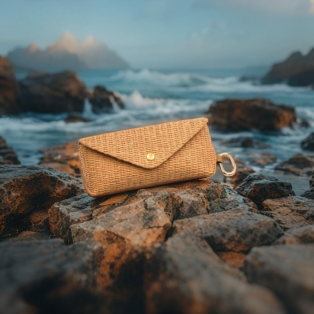 ShoreChic Étui à lunettes en paille tressée avec crochet – Pochette de protection chic, légère et durable pour femme