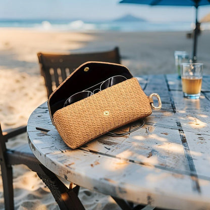 ShoreChic Étui à lunettes en paille tressée avec crochet – Pochette de protection chic, légère et durable pour femme
